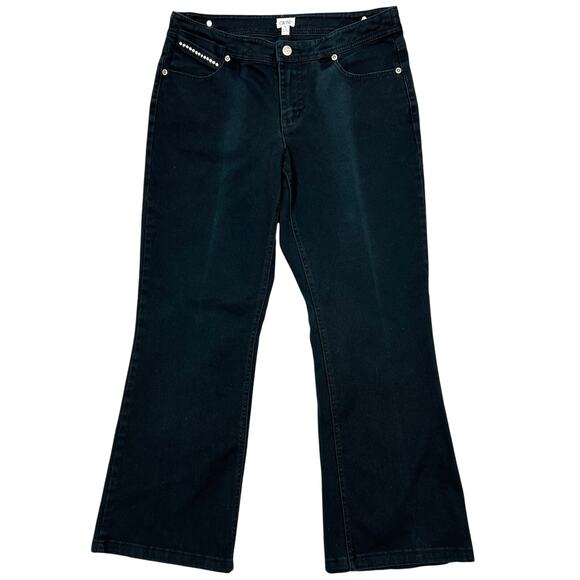 Cache Y2K Low-Rise Bootcut Jeans Sz 8 Black Cropped Wide-Leg Bling Pockets FADED - Picture 1 of 15